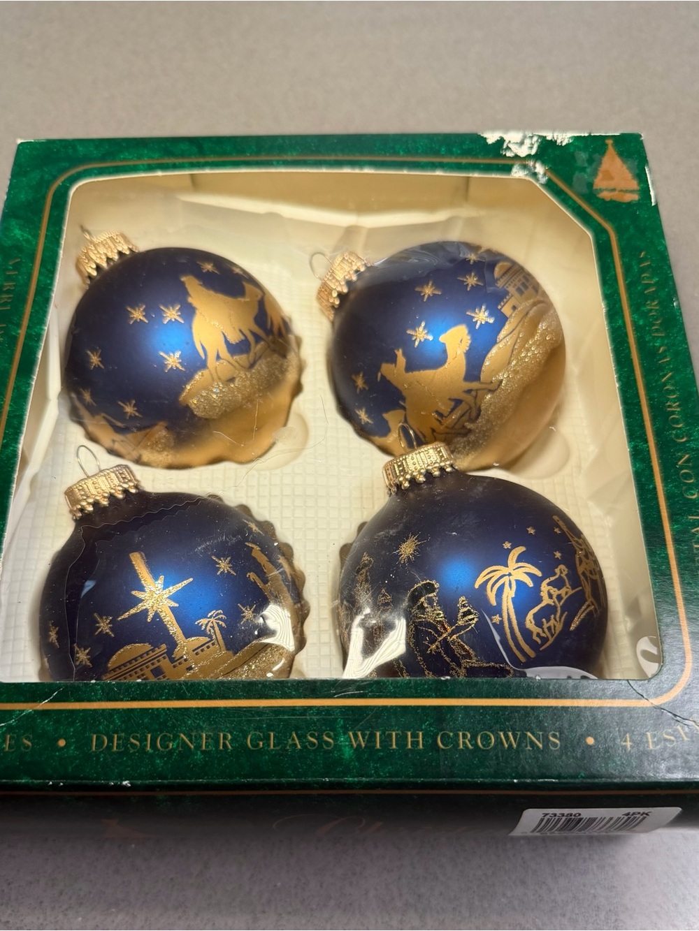 Christmas by Krebs Glass Nativity Ornaments Set 4 Blue Gold USA Boxed